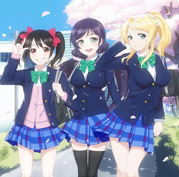 Anime picture 1000x991 with love live! school idol project sunrise (studio) love live! yazawa nico toujou nozomi ayase eli largo (largo-hal2001k91) long hair looking at viewer blush open mouth blue eyes black hair blonde hair smile red eyes multiple girls purple hair ponytail cherry blossoms