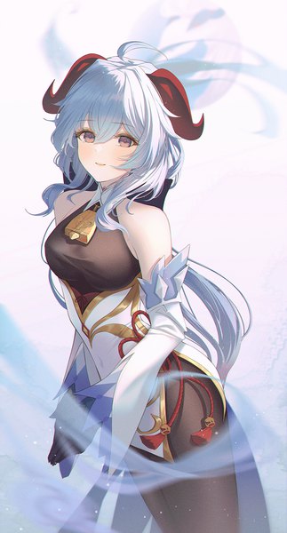 Anime picture 1076x2000 with genshin impact ganyu (genshin impact) orecalc3092 single long hair tall image looking at viewer blush fringe breasts simple background smile hair between eyes standing bare shoulders brown eyes blue hair ahoge horn (horns) bell collar