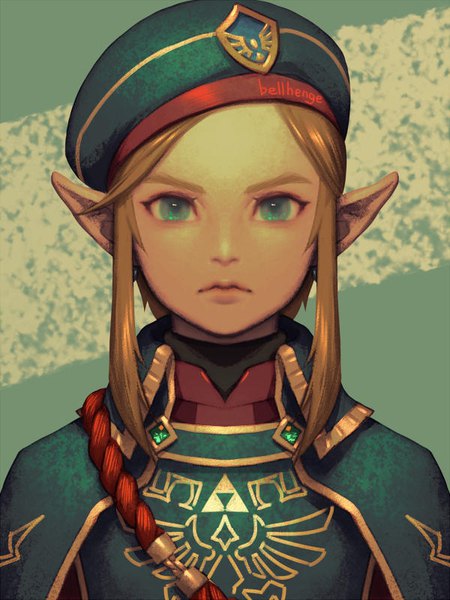 Anime picture 600x800 with the legend of zelda the legend of zelda: breath of the wild nintendo link bellhenge single tall image looking at viewer short hair blonde hair signed upper body aqua eyes pointy ears portrait elf green background boy beret