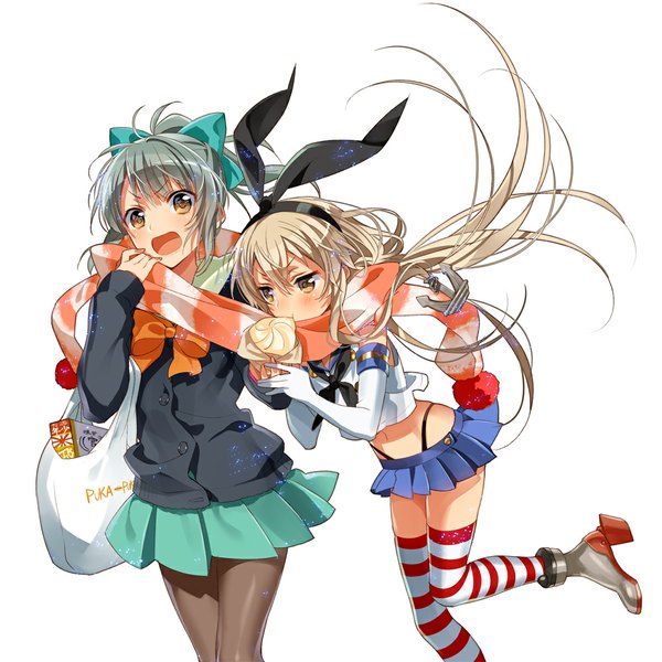 Anime picture 1000x1000 with kantai collection shimakaze destroyer yuubari light cruiser murakami yuichi long hair blush open mouth simple background blonde hair white background multiple girls brown eyes grey hair eating shared scarf girl thighhighs gloves bow 2 girls