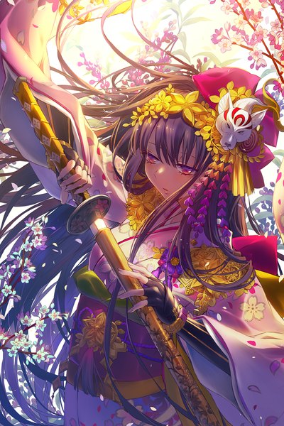 Anime picture 850x1275 with destiny child tsukioka tsukiho single long hair tall image blush fringe black hair hair between eyes red eyes holding looking away upper body traditional clothes japanese clothes hair flower wide sleeves floral print unsheathing girl