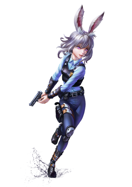 Anime picture 919x1300 with zootopia disney judy hopps zhen long single long hair tall image fringe open mouth smile hair between eyes purple eyes animal ears looking away silver hair full body bent knee (knees) bunny ears floating hair bunny girl