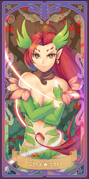 Anime picture 450x900 with league of legends zyra (league of legends) dakun87 (artist) single long hair tall image looking at viewer light erotic bare shoulders yellow eyes red hair pointy ears girl earrings