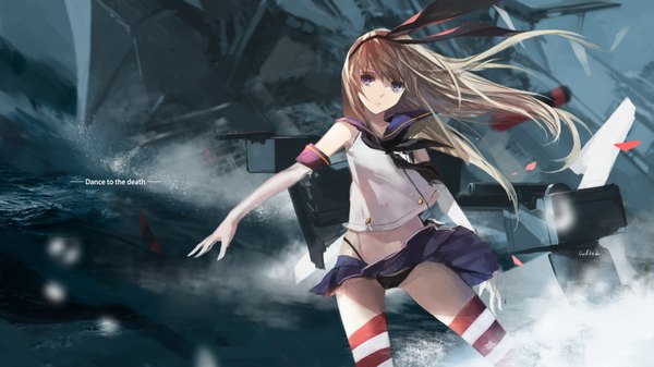 Anime picture 2015x1133 with kantai collection shimakaze destroyer swd3e2 single long hair highres blue eyes light erotic blonde hair wide image girl thighhighs skirt gloves underwear panties bow hair bow miniskirt elbow gloves