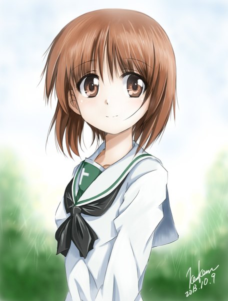 Anime picture 1112x1463 with girls und panzer nishizumi miho kem kem single tall image looking at viewer short hair smile brown hair brown eyes signed girl uniform school uniform