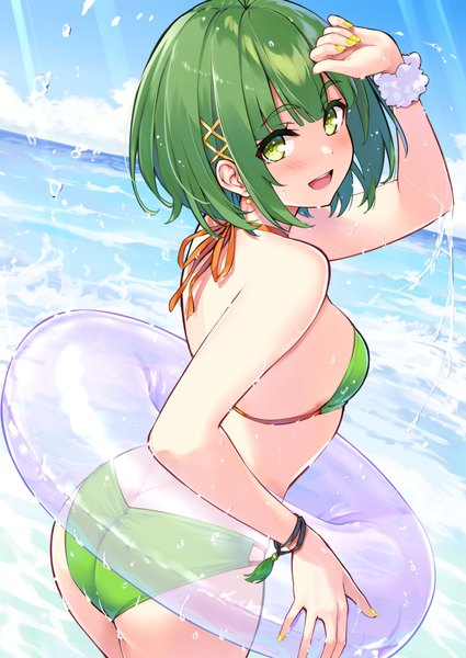 Anime-Bild 708x1000 mit cu-no nonono futaba hisenkaede single tall image looking at viewer blush fringe short hair breasts open mouth light erotic smile standing green eyes sky cloud (clouds) outdoors ass blunt bangs