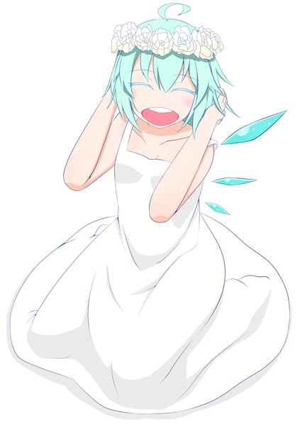 Anime picture 1650x2300 with touhou cirno shikabane homura single tall image short hair open mouth smile white background sitting ahoge eyes closed aqua hair sleeveless wariza arms behind head girl dress wings white dress