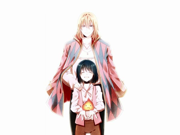 Anime picture 1280x960 with howl's moving castle studio ghibli howl calcifer looking at viewer short hair blue eyes black hair simple background blonde hair smile standing white background holding eyes closed light smile multiple boys boy earrings shirt