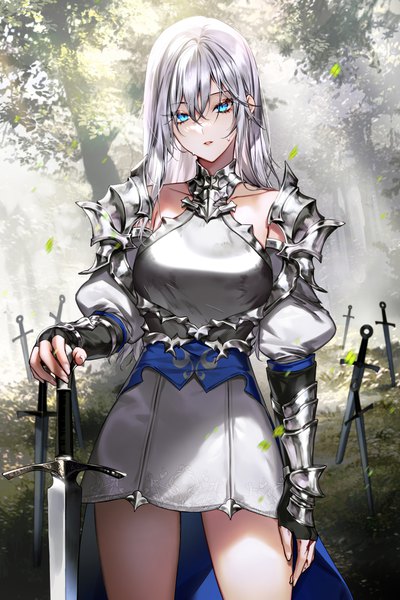 Anime picture 2500x3750 with original black joa single long hair tall image looking at viewer fringe highres breasts blue eyes hair between eyes standing holding silver hair outdoors parted lips head tilt sweat puffy sleeves girl