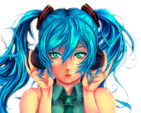 Anime picture 3000x2400 with vocaloid hatsune miku shin (pixiv id3489608) single long hair highres white background twintails blue hair absurdres aqua eyes wind girl headphones