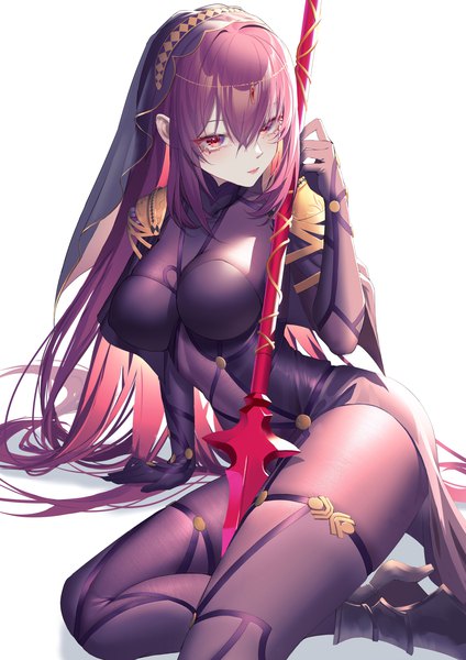 Anime picture 2480x3508 with fate (series) fate/grand order scathach (fate) (all) scathach (fate) rib (rib delesetong) single tall image looking at viewer blush fringe highres breasts light erotic simple background hair between eyes red eyes large breasts white background sitting purple hair