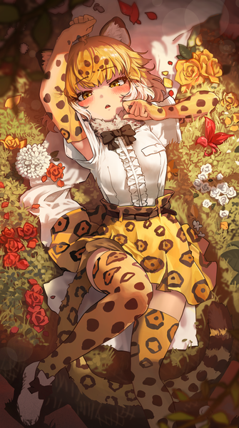 Anime picture 1200x2150 with kemono friends jaguar (kemono friends) melaton single tall image looking at viewer blush fringe short hair open mouth blonde hair animal ears yellow eyes bent knee (knees) tail lying animal tail arm up from above shadow