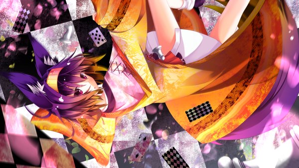 Anime picture 1920x1080 with no game no life madhouse hatsuse izuna nagishiro mito single highres short hair wide image purple eyes animal ears purple hair tail traditional clothes japanese clothes animal tail multicolored hair fox ears fox tail fox girl checkered floor