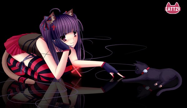 Anime picture 1000x576 with original kattzu single long hair looking at viewer fringe smile wide image purple eyes animal ears purple hair nail polish animal tail cat ears cat girl cat tail black background reflection girl thighhighs