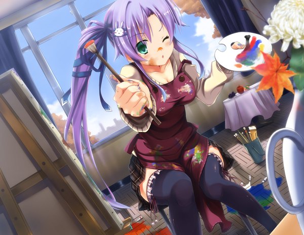 Anime picture 1600x1240 with original yuzu modoki single long hair looking at viewer blush blue eyes sitting purple hair ponytail one eye closed wink side ponytail girl thighhighs flower (flowers) black thighhighs window curtains apron