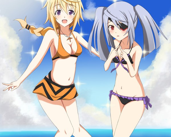 Anime picture 2560x2048 with infinite stratos 8bit charles dunois laura bodewig tagme (artist) long hair looking at viewer blush highres breasts open mouth light erotic blonde hair red eyes twintails purple eyes multiple girls sky silver hair cloud (clouds)