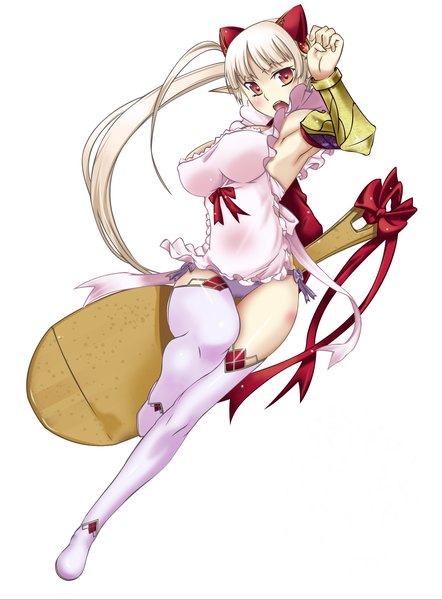 Anime picture 1730x2346 with queen's blade aldra single long hair tall image highres open mouth light erotic simple background red eyes white background silver hair ponytail pointy ears armpit (armpits) nearly naked apron girl thighhighs underwear panties