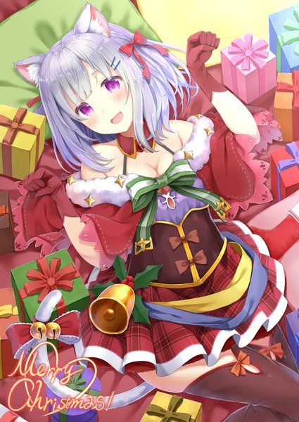 Anime picture 1536x2168 with original yukimochi kinako single tall image looking at viewer fringe breasts open mouth smile purple eyes animal ears cleavage silver hair tail lying :d animal tail pleated skirt cat ears arms up