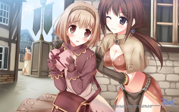 Anime picture 1920x1200 with ragnarok online merchant (ragnarok online) sage (ro) kimishima ao long hair blush highres short hair blonde hair brown hair wide image multiple girls brown eyes one eye closed wink black eyes girl dress boy gloves