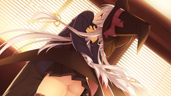 Anime picture 1280x720 with sanoba witch yuzusoft ayaji nene shuuji (sanoba witch) muririn long hair fringe light erotic wide image standing game cg silver hair ass indoors hug no panties girl boy skirt ribbon (ribbons)