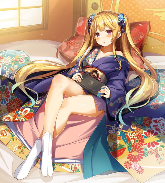 Anime picture 1262x1400 with original nintendo yuuki yuu single long hair tall image looking at viewer blush fringe open mouth light erotic blonde hair twintails purple eyes holding payot full body bent knee (knees) indoors lying