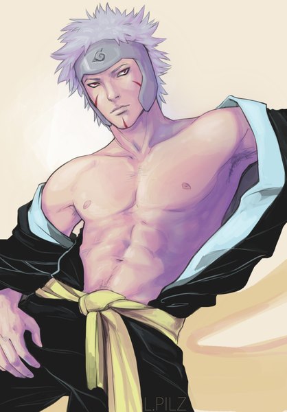 Anime picture 1323x1898 with naruto studio pierrot naruto (series) senju tobirama l.pilz single tall image short hair simple background red eyes sitting bare shoulders signed looking away purple hair nipples traditional clothes japanese clothes multicolored hair grey hair