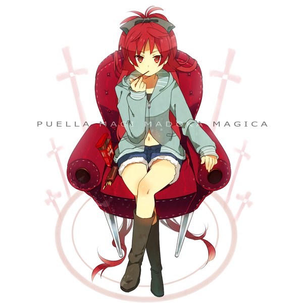 Anime picture 1050x1050 with mahou shoujo madoka magica shaft (studio) sakura kyouko yunomachi single long hair fringe simple background red eyes white background ponytail red hair inscription girl navel shorts sweets thigh boots candy armchair