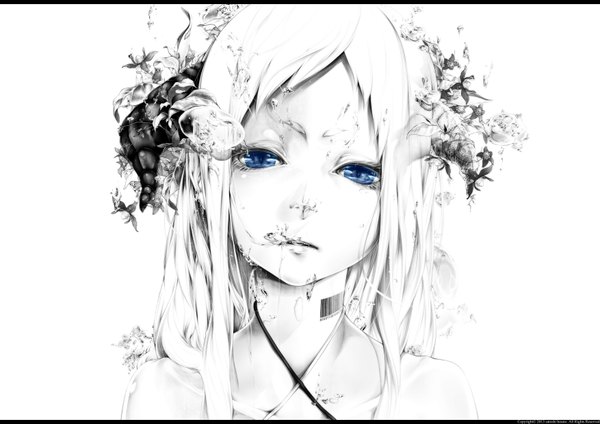 Anime picture 3507x2480 with original bouno satoshi single long hair highres blue eyes simple background white background absurdres white hair hair flower horn (horns) letterboxed girl hair ornament flower (flowers) water leaf (leaves) barcode