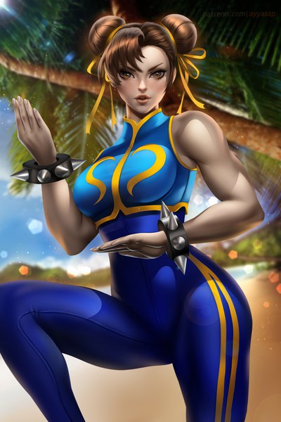 Anime picture 3333x5000 with street fighter capcom chun-li ayyasap single tall image looking at viewer blush fringe highres short hair breasts open mouth light erotic brown hair large breasts standing brown eyes signed payot