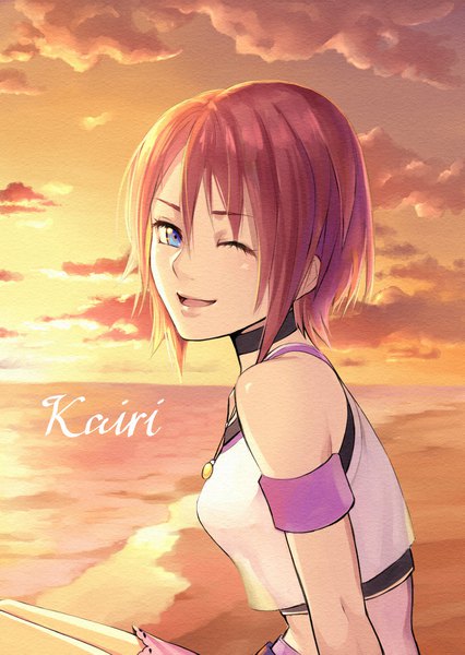 Anime picture 1447x2039 with kingdom hearts square enix kairi (kingdom hearts) gogo (detteiu de) single tall image looking at viewer fringe short hair open mouth blue eyes smile hair between eyes sitting bare shoulders sky cloud (clouds) outdoors red hair one eye closed