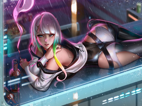 Anime picture 8000x6000 with cyberpunk edgerunners studio trigger lucy (cyberpunk) liang xing single looking at viewer blush fringe highres short hair blue eyes light erotic holding absurdres silver hair bent knee (knees) ass indoors lying blunt bangs
