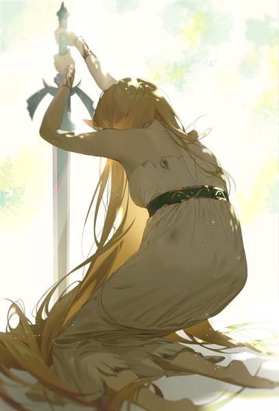 Anime picture 2500x3684 with the legend of zelda the legend of zelda: breath of the wild nintendo princess zelda fajyobore single tall image highres blonde hair holding very long hair barefoot pointy ears from behind arms up kneeling girl dress weapon sword