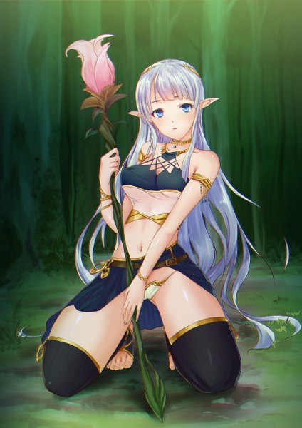 Anime picture 868x1227 with original mame shitogi single tall image looking at viewer breasts blue eyes light erotic blue hair very long hair pointy ears elf girl thighhighs skirt navel underwear panties flower (flowers) black thighhighs