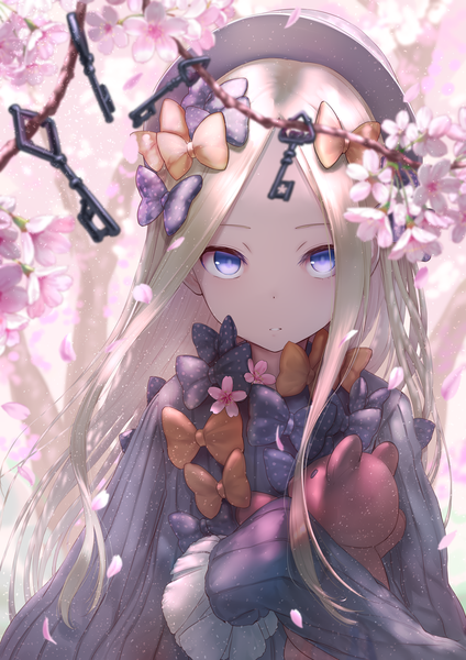 Anime picture 1000x1414 with fate (series) fate/grand order abigail williams (fate) kachayori single long hair tall image looking at viewer blush blue eyes blonde hair standing upper body parted lips wind blurry depth of field cherry blossoms sleeves past wrists polka dot