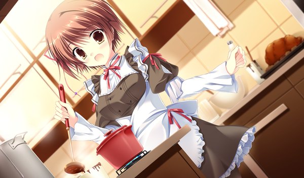 Anime picture 1024x600 with da capo iii hinomoto aoi takano yuki (allegro mistic) blush short hair open mouth brown hair wide image brown eyes game cg one side up cooking girl dress