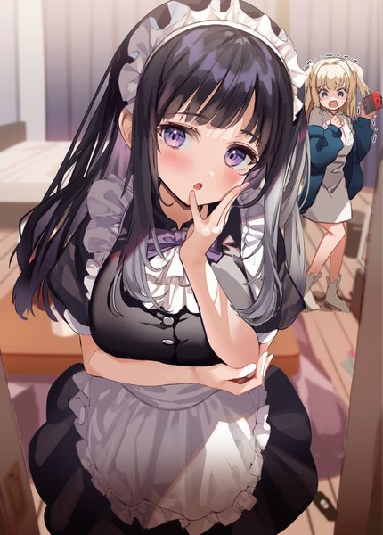 Anime picture 1075x1500 with original nintendo kanda done long hair tall image looking at viewer blush fringe breasts open mouth black hair blonde hair standing purple eyes multiple girls holding payot bent knee (knees) indoors head tilt