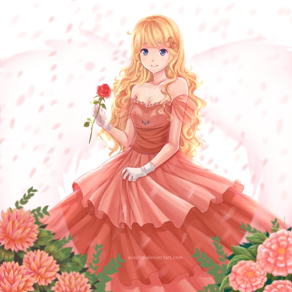 Anime picture 1500x1500 with original avachi single long hair looking at viewer blush fringe blue eyes blonde hair smile white background bare shoulders holding signed arm up hair flower inscription arm support wavy hair frilly skirt