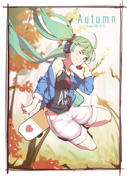 Anime picture 1240x1712 with vocaloid hatsune miku zhayin-san single long hair tall image looking at viewer breasts smile twintails bare shoulders green eyes full body ahoge outdoors one eye closed green hair blurry off shoulder aqua hair