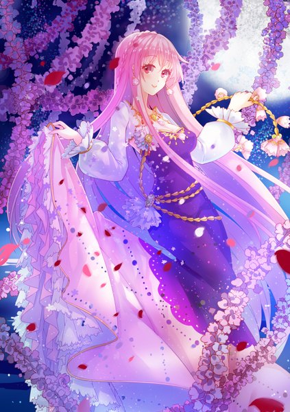 Anime picture 617x876 with original vetina single tall image looking at viewer blush smile red eyes pink hair very long hair girl dress flower (flowers) petals