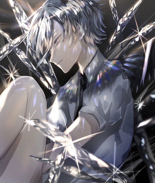Anime picture 1700x2000 with houseki no kuni antarcticite tsugutoku single tall image fringe short hair sitting silver hair profile sparkle puffy sleeves looking down silver eyes androgynous gem