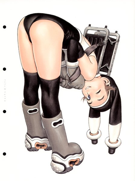 Anime picture 1280x1720 with futurhythm (artbook) range murata single tall image looking at viewer short hair blue eyes light erotic smile brown hair standing full body ass parted lips one eye closed scan bent over leather girl thighhighs