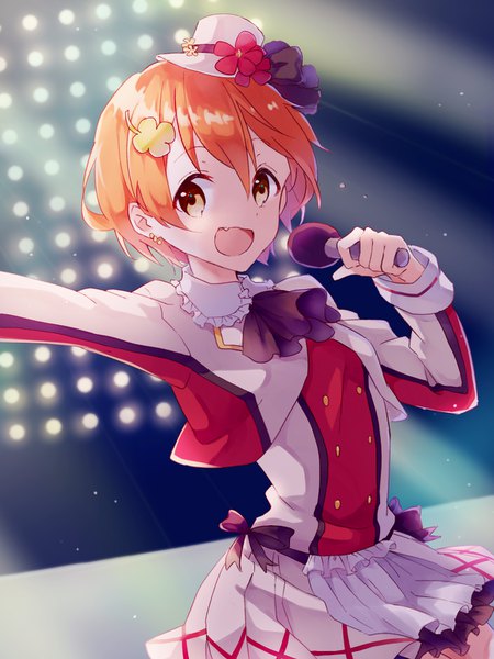 Anime picture 1152x1536 with love live! school idol project sunrise (studio) love live! hoshizora rin sentaro207 single tall image looking at viewer fringe short hair open mouth hair between eyes :d orange hair orange eyes fang (fangs) outstretched arm girl hat hairclip