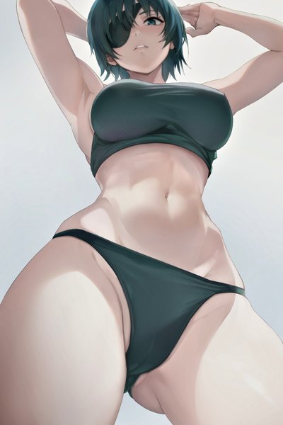 Anime picture 867x1300 with chainsaw man mappa himeno (chainsaw man) toraya (doujintraya) single tall image fringe short hair breasts light erotic simple background large breasts standing green eyes looking away parted lips green hair arms up from below armpit (armpits)