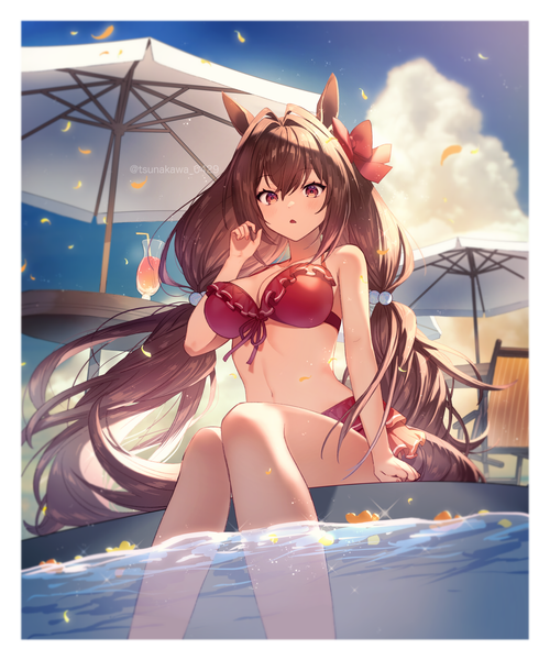 Anime picture 1400x1680 with umamusume daiwa scarlet (umamusume) daiwa scarlet (trifle vacation) (umamusume) tsunakawa single tall image fringe light erotic hair between eyes red eyes brown hair twintails signed animal ears sky cloud (clouds) tail animal tail twitter username low twintails