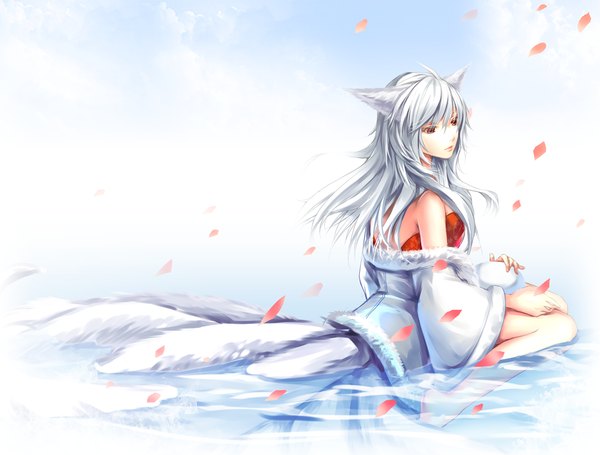 Anime picture 1012x768 with league of legends ahri (league of legends) ihet single long hair red eyes animal ears white hair animal tail fox ears fox tail fox girl multiple tails girl petals fur