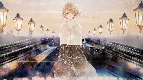 Anime picture 1280x720 with original penchop single looking at viewer short hair blonde hair smile wide image standing yellow eyes sky cloud (clouds) wind sunlight city hands behind back cityscape girl skirt bridge