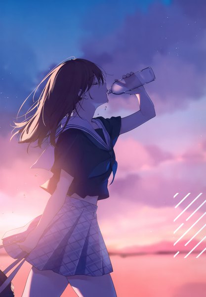 Anime picture 2406x3464 with original necomi (gussan) single long hair tall image fringe highres hair between eyes brown hair holding cloud (clouds) outdoors eyes closed profile pleated skirt arm up blurry scan night short sleeves