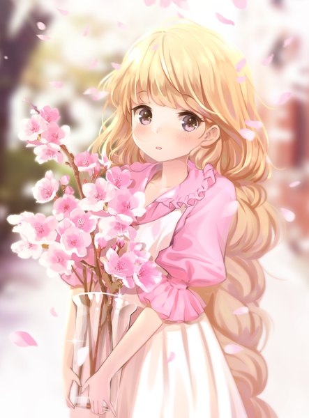 Anime picture 1288x1743 with original miyaza single long hair tall image looking at viewer blush fringe blonde hair purple eyes holding braid (braids) parted lips blurry sparkle cherry blossoms single braid girl dress flower (flowers)