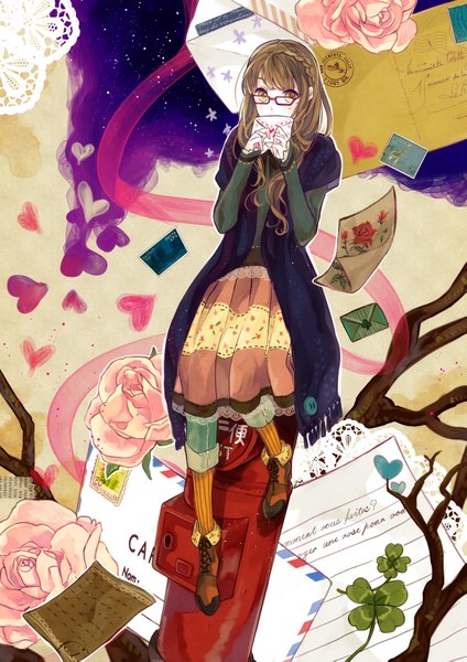 Anime picture 1157x1637 with original vient single long hair tall image blush brown hair holding brown eyes girl flower (flowers) pantyhose glasses boots heart rose (roses) cape letter striped pantyhose envelope