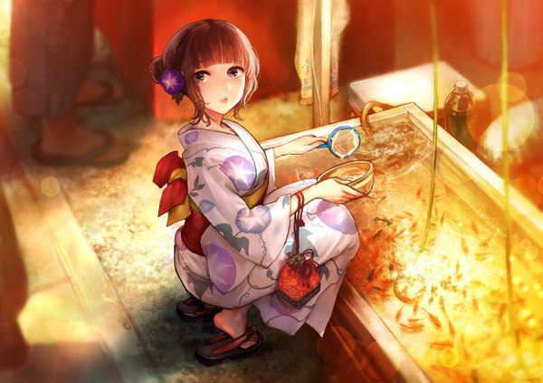 Anime picture 5016x3541 with original idarintarou looking at viewer fringe highres short hair open mouth brown hair holding payot absurdres full body bent knee (knees) outdoors blunt bangs traditional clothes japanese clothes hair flower from above black eyes